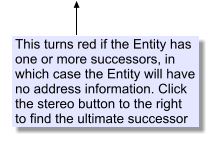 This turns red if the Entity has one or more successors, in which case the Entity will have no address information. Click the stereo button to the right to find the ultimate successor