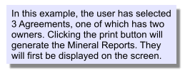 In this example, the user has selected 3 Agreements, one of which has two owners. Clicking the print button will generate the Mineral Reports. They will first be displayed on the screen.